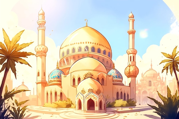 Foto saluti color acqua della moschea islamica eid al adha mubarak social media stile post art generativo ai