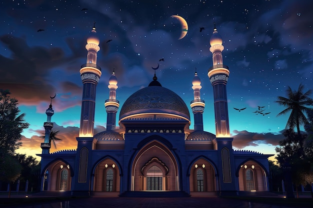 islamic mosque with night sky and moon ramadan kareem background