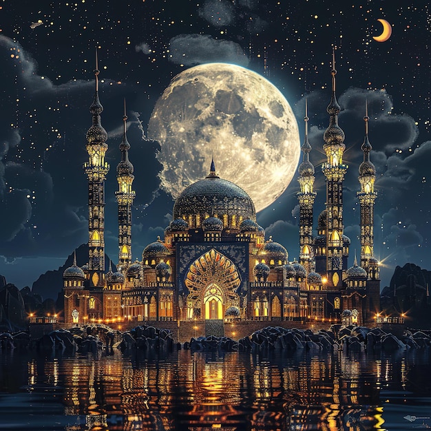 Исламская мечеть с отражающей ее архитектурой и красивой полной луной