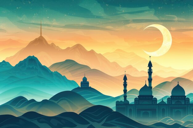 Islamic mosques at dusk with crescent moon Ramadan Eid Muharram