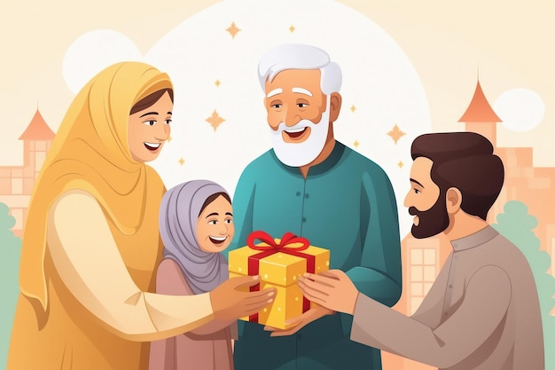 Islamic or muslim family giving gifts to each other on festival