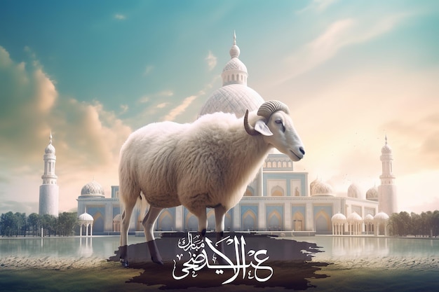 Photo islamic muslim festival and religion eid al adha calligraphy background with sheep and mosque