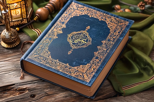 Photo islamic muslim holy book on a wooden table in the style of navy and brown yildiray cinar