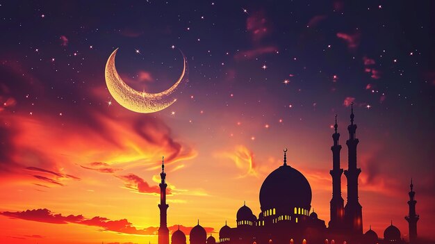 Photo islamic muslim mosque with moon and stars at night scene mosque at ramadan night with beautiful sky