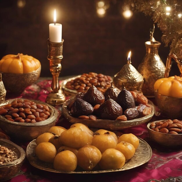 Islamic new year decoration with traditional food and dates