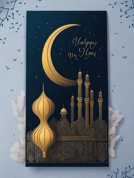 Foto cartolina d'auguri islamica per il nuovo anno con l'illustrazione della moschea in linea art design