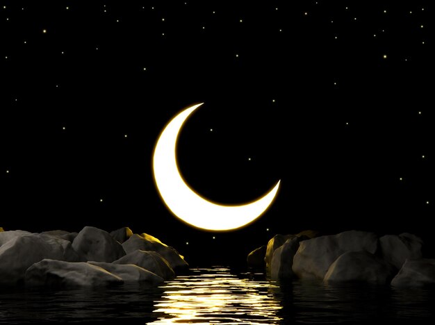 Foto scena di fantasia notturna islamica con luna crescente