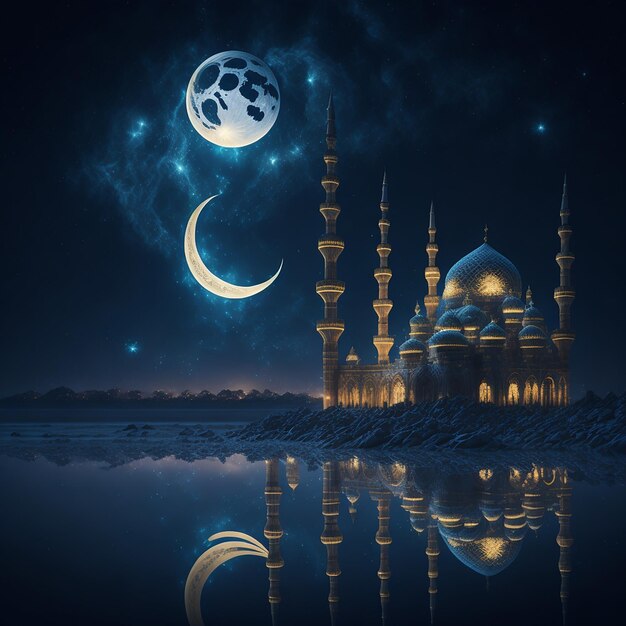 イスラム写真ラマダン カリーム イード ムバラク王室のエレガントなランプとモスクの聖なる門と花火