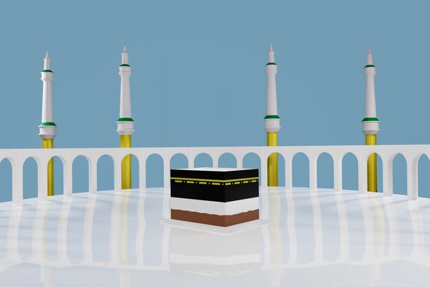 Islamic pilgrimage Kaaba for hajj steps in AlHaram Mosque Mecca Saudi Arabia on blue sky Eid Adha Mubarak 3d render