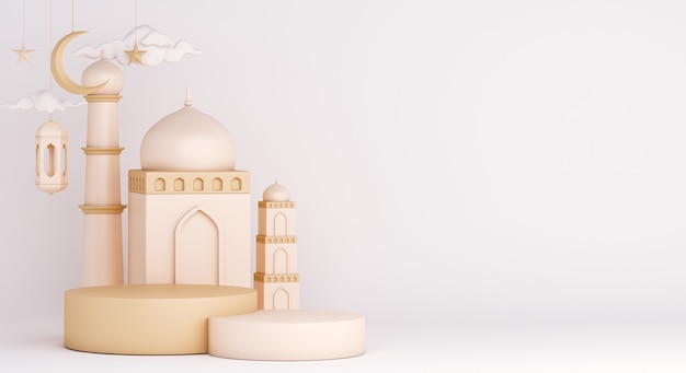 Islamic podium display decoration with mosque and arabic lantern