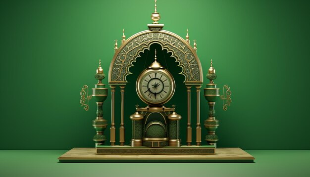 Islamic podium with traditional islamic object on green background muslim symbol religion