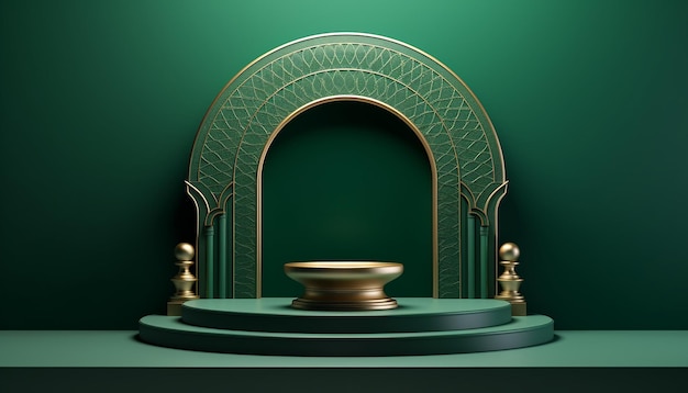 Islamic podium with traditional islamic object on green background muslim symbol religion