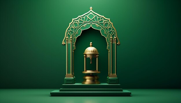 Islamic podium with traditional islamic object on green background muslim symbol religion