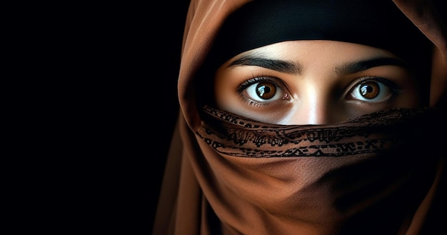 Islamic portrait wearing black hijab looking at camera on dark background Beautiful muslim lady closeup portrait