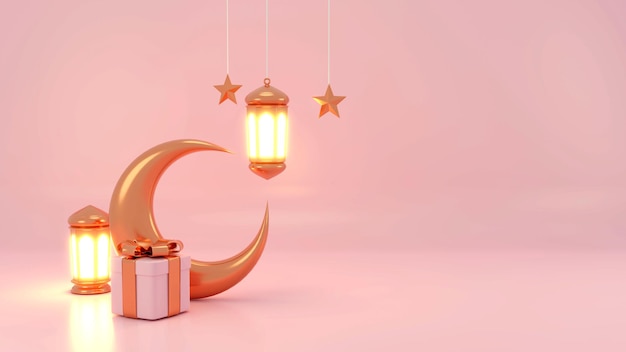 Islamic product display mock up. Podium, crescent moon, lantern, gift box. Ramadan, Islamic New Year. 3D rendering.