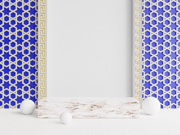 흰색 배경 3d 렌더링이 있는 이슬람 제품 프레젠테이션 연단