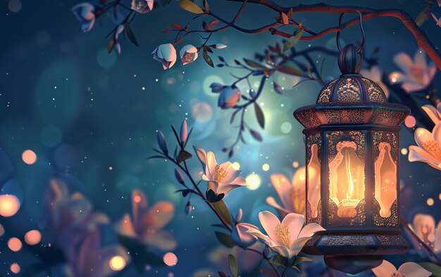 Photo islamic ramadan celebration lantern in a fantasy style with a uniform background and flowers