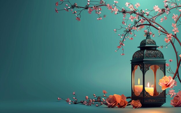 Islamic Ramadan celebration lantern in a fantasy style with a uniform background and flowers