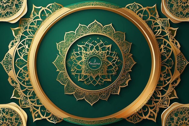 Islamic Ramadan Green Background with Frame and Mandala Gold Ornament Premium Vector