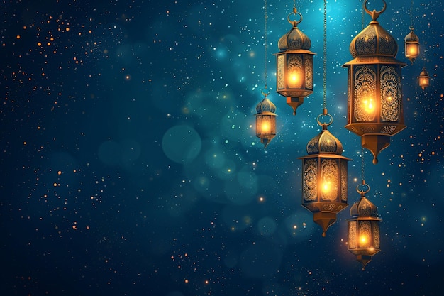 Islamic ramadan greeting background composition with hanging arabic lanterns and ornaments