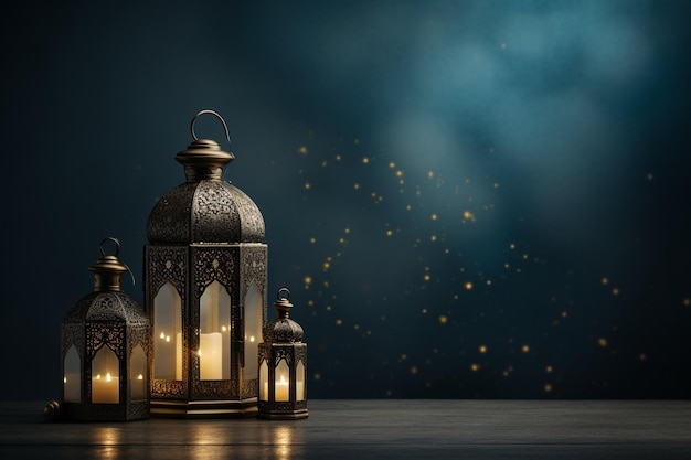 Исламский фон приветствия Рамадана с 3D-подиумом мечети и исламскими украшениями полумесяца