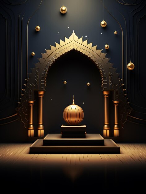 Islamic Ramadan Greeting Background with 3D Wooden Podium