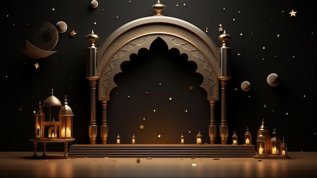 Islamic Ramadan Greeting Background with 3D Wooden Podium