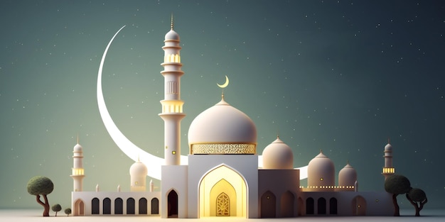 귀여운 3D 모스크와 이슬람 초승달 장식품이 있는 이슬람 라마단 인사말 배경