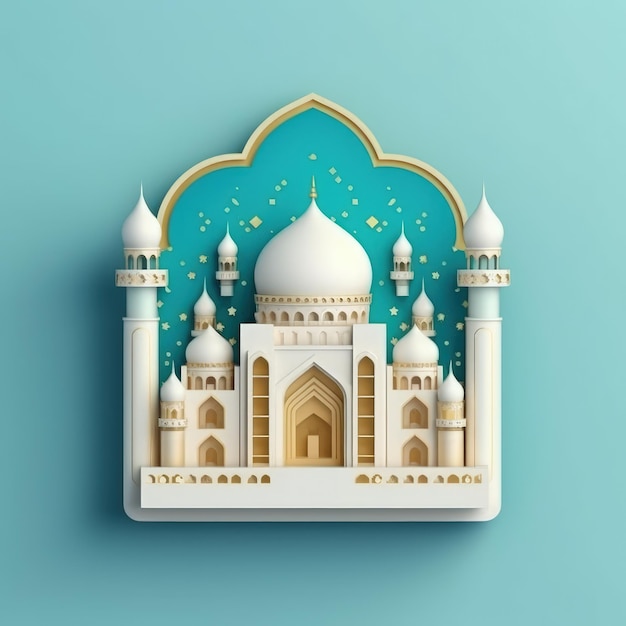 Islamic ramadan greeting background with cute 3d mosque and islamic crescent ornaments