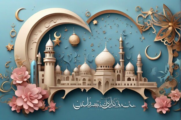 islamic ramadan greeting background with cute 3d mosque and islamic crescent ornaments