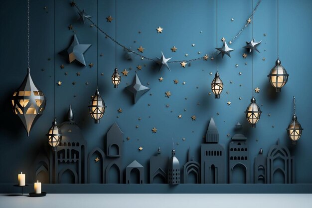 Islamic ramadan greeting background with d wooden podium mosque and islamic crescent ornaments