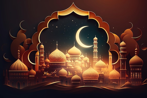 빛나는 랜턴 달과 모스크 창 포털 AI가 있는 이슬람 라마단 휴일 배너
