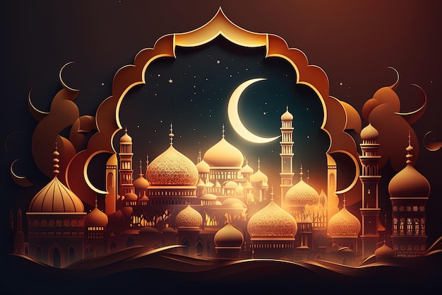 Islamic Ramadan holiday banner with glowing lantern moon and mosque window portal AI