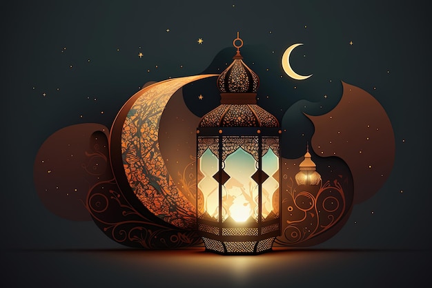 Islamic Ramadan holiday banner with glowing lantern moon and mosque window portal AI