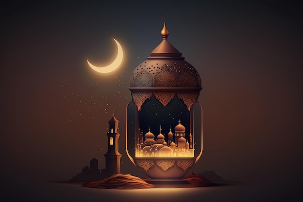 Islamic Ramadan holiday banner with glowing lantern moon and mosque window portal AI