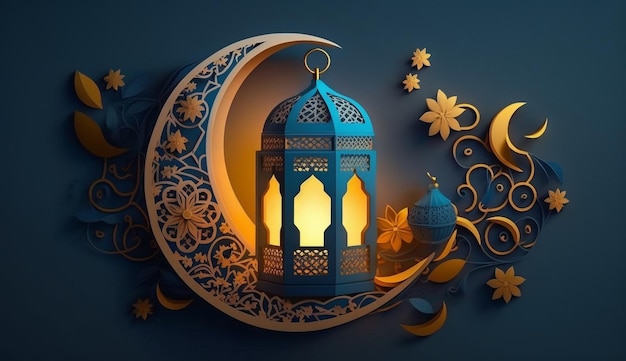 Islamic ramadan holiday banner with glowing lantern moon and mosque window portal ai