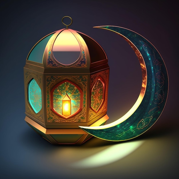 Islamic ramadan holiday banner with glowing lantern moon and mosque window portal ai