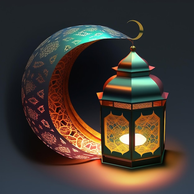 Islamic ramadan holiday banner with glowing lantern moon and mosque window portal ai