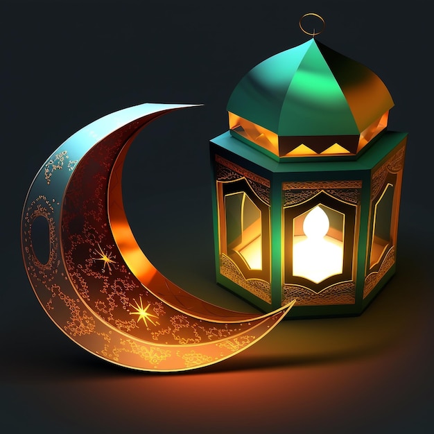 빛나는 랜턴 달과 모스크 창 포털 AI가 있는 이슬람 라마단 휴일 배너