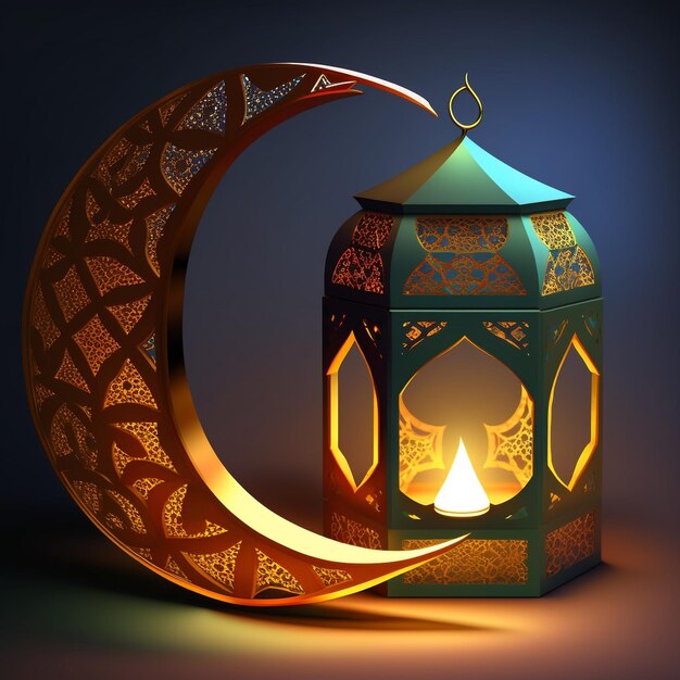 Islamic ramadan holiday banner with glowing lantern moon and mosque window portal ai