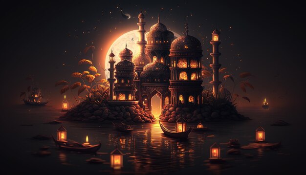 Фото Исламский фон рамадан карим с мечетью и фонарями