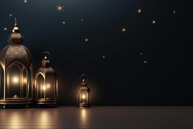 Islamic ramadan kareem greeting background with 3d gold mosque lantern podium and crescent ornaments