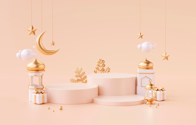 Islamic Ramadan Kareem greeting gold podium pedestal product display background 3D illustration