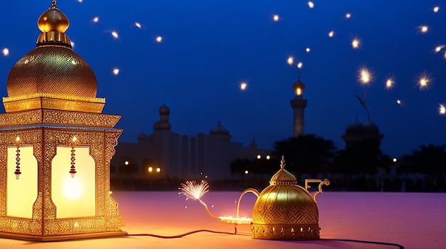 Islamic ramadan kareem royal elegant lamp with mosque holy gate with fireworks ai generative