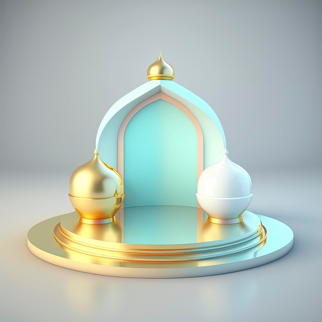 Islamic ramadan podium background of futuristic and modern 3d realistic mosque with scene and stage for product display