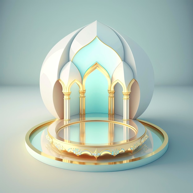 Islamic ramadan podium background of futuristic and modern 3d realistic mosque with scene and stage for product display