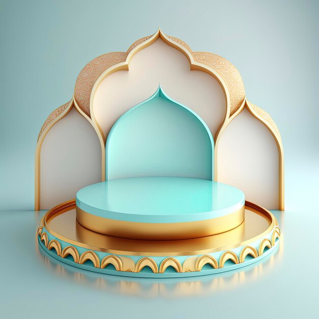 Islamic ramadan podium background of futuristic and modern 3d realistic mosque with scene and stage for product display