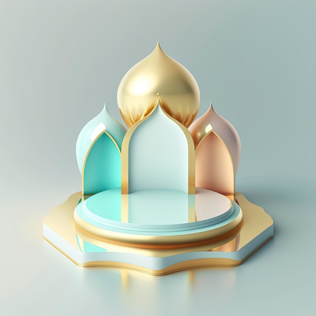製品展示用のシーンとステージを備えた未来的でモダンな3Dリアルなモスクのイスラムラマダン表彰台の背景