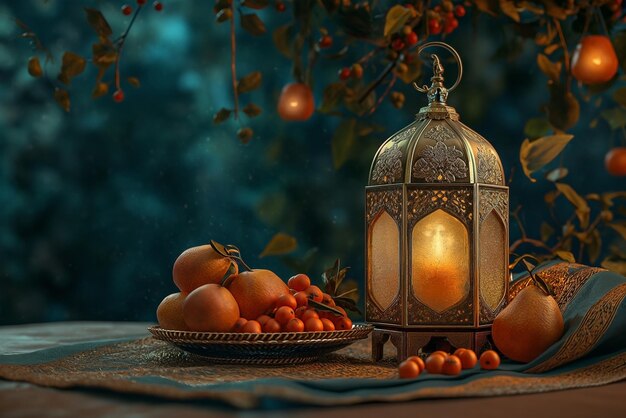イスラム教のラマダンは,平らな表面に金色のランタンと果物で,イード・ムバラク・ラマダン・カリーム
