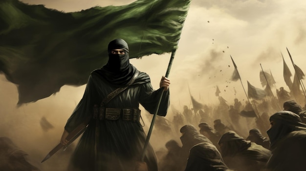 Islamic Soldier Waving Black Flag with Army AI Generated